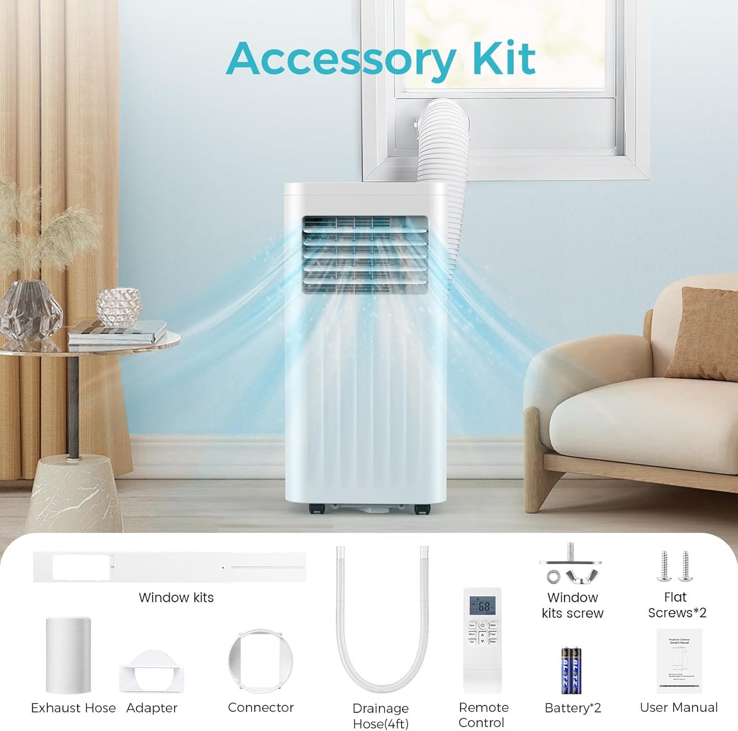 Portable Air Conditioners, 10000 BTU Portable AC Unit with Dehumidifier & Fan, 24H On/Off Timer, Up to 450 Sq.Ft, Quiet Air Conditioner Portable for Room, Window Mount Kit & Remote Control