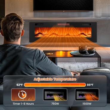 Ultra-Thin Electric Fireplace 30/36/42/50/60/68 Inch - Recessed or Wall Mounted