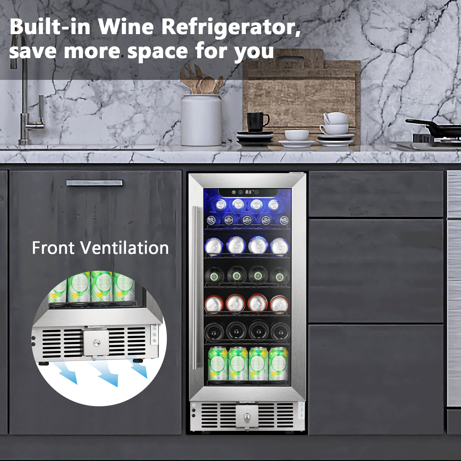 Cowsar 15inch  Wine Fridge Beverage Refrigerator 2.9 Cu.Ft. Freestanding or Under Counter Cooler Stainless Steel Beer Fridge Mini ETL Approved