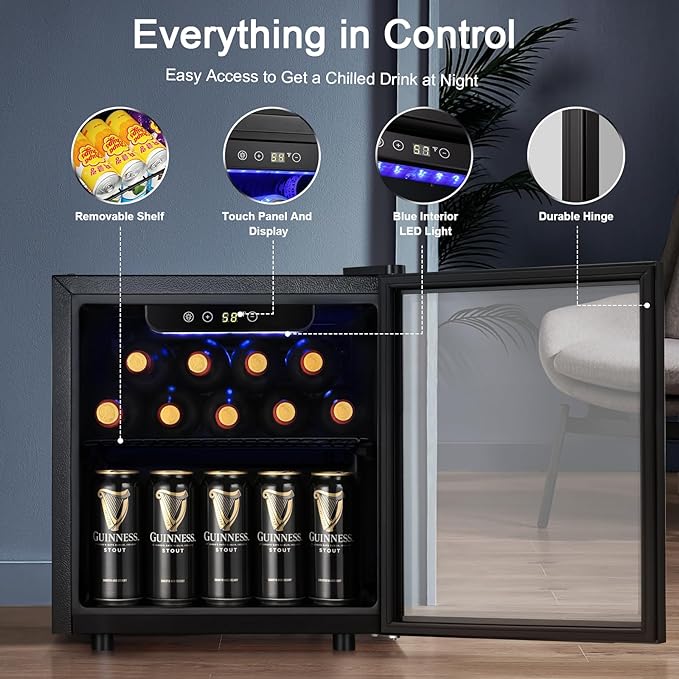 12 Bottle 48 Can Wine Cooler/Cabinet Beverage Refrigerator Mini Fridge Low Noise Clear Glass Door Counter Top Cellar for Beer Soda Bar 1.3 cu.ft Cowsar