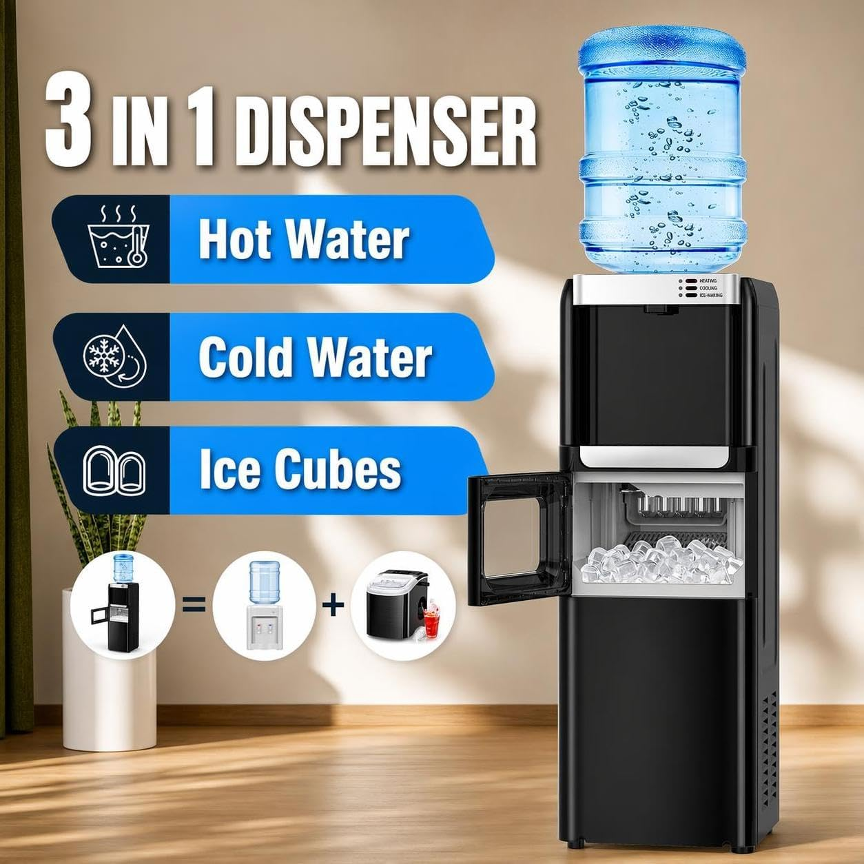 COWSAR 3-in-1 Water Cooler &  Ice Maker – Hot & Cold Water Dispenser, 33 Lbs/Day Ice Maker