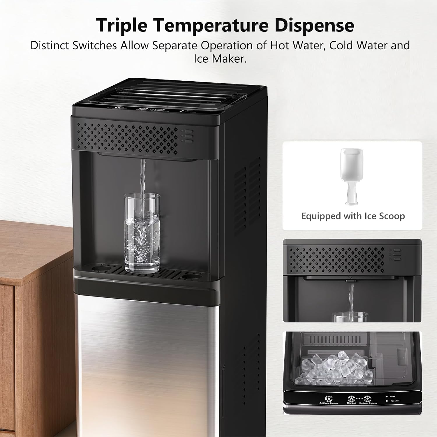 COWSAR Water Dispenser with Ice Maker – 5-Gallon Bottom Load, Hot & Cold, 33 Lbs/Day Ice Maker