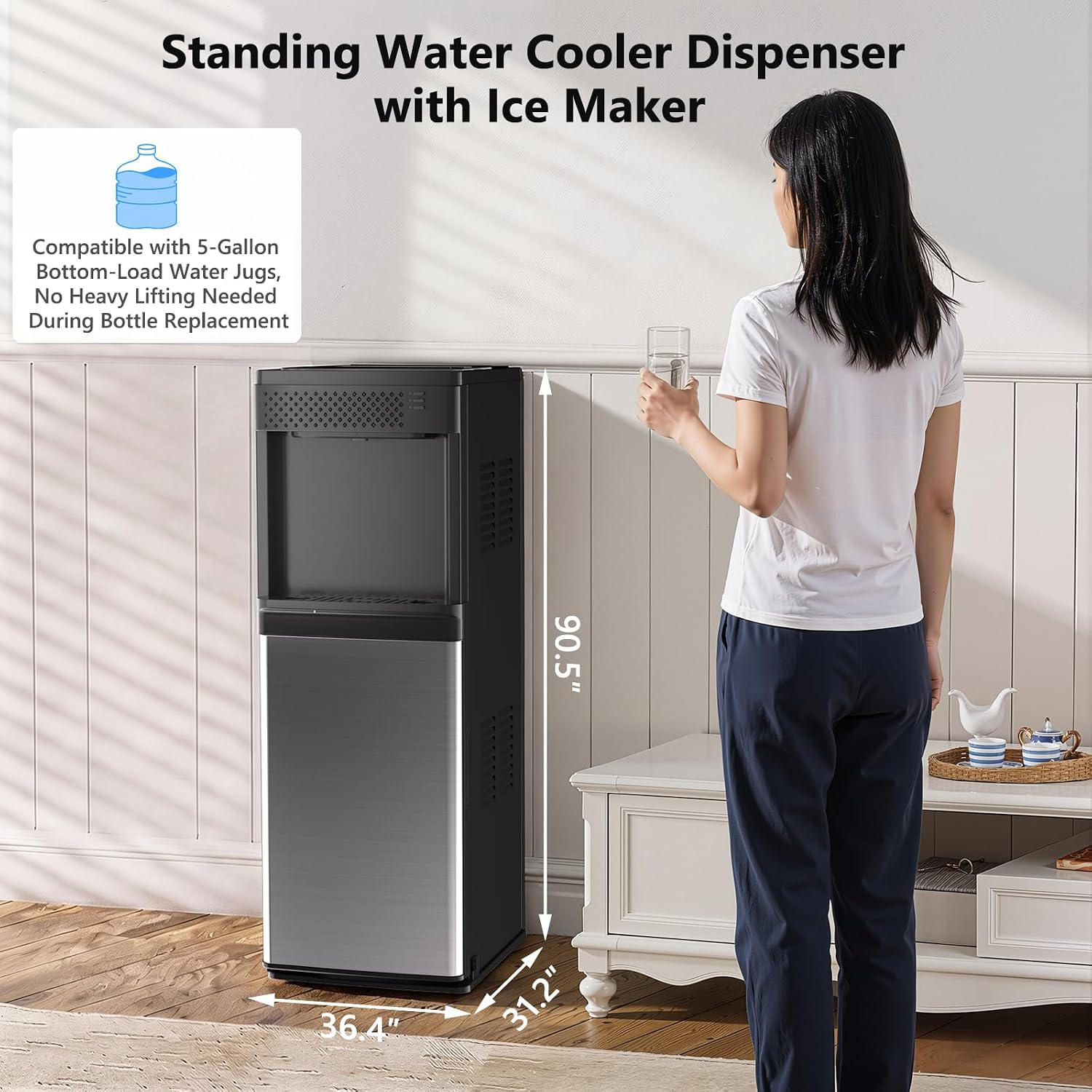 COWSAR Water Dispenser with Ice Maker – 5-Gallon Bottom Load, Hot & Cold, 33 Lbs/Day Ice Maker
