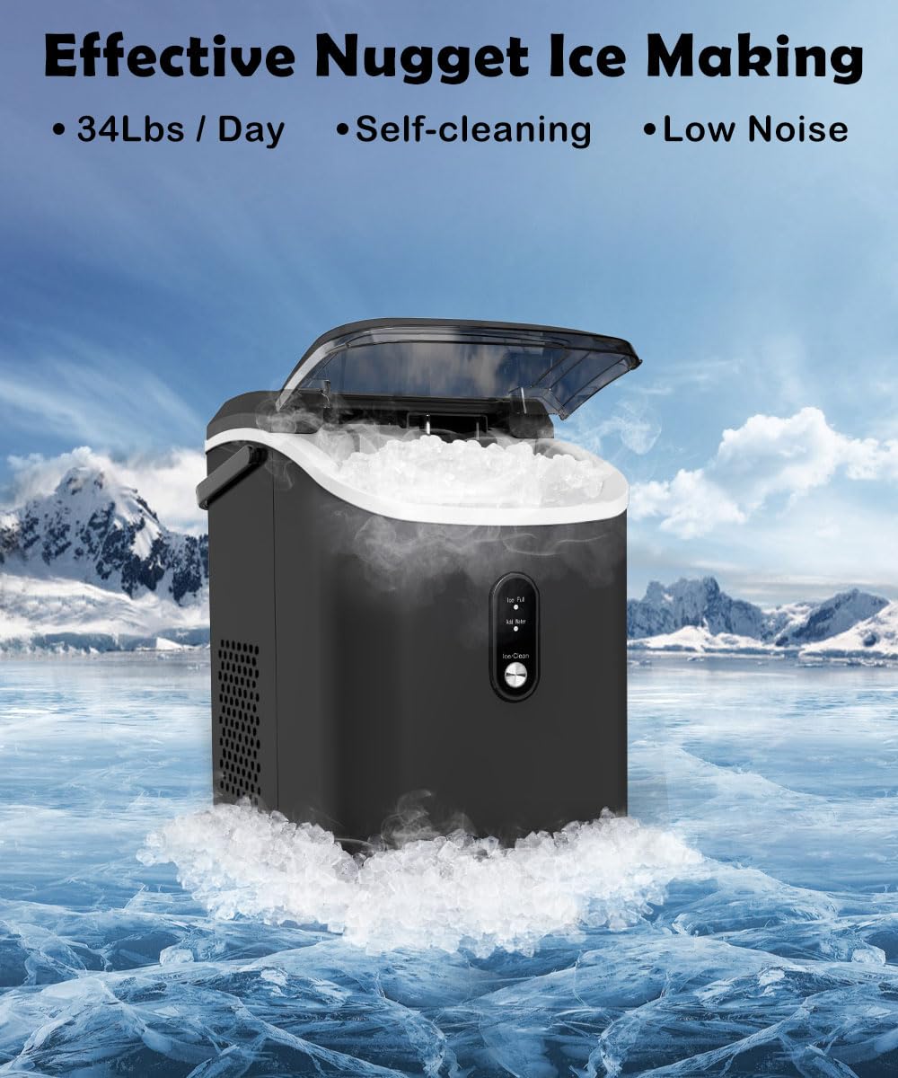 Nugget Ice Maker Countertop, Chewable Pebble Ice 34Lbs Per Day, Crunchy Pellet Ice Cubes