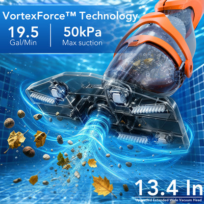 COWSAR Pool Vacuum for Above Ground Pool, New VortexForce™ Technology - 19.5 GPM/50kPa Dual-Mode Powerful Suction, 13.4" Wider Head & 70.9" Telescopic Pole, 1H Runtime,for Above/Inground Pools, Blue