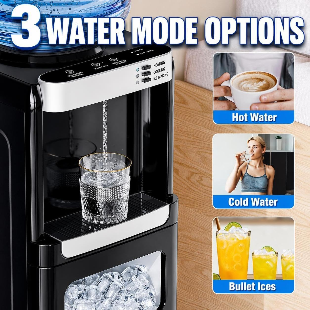 COWSAR 3-in-1 Water Cooler &  Ice Maker – Hot & Cold Water Dispenser, 33 Lbs/Day Ice Maker