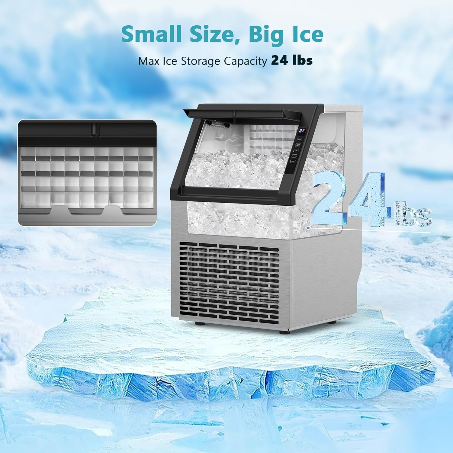 COWSAR 80Lbs/Day Commercial Ice Maker – Self-Cleaning, 24Lbs Storage, Freestanding