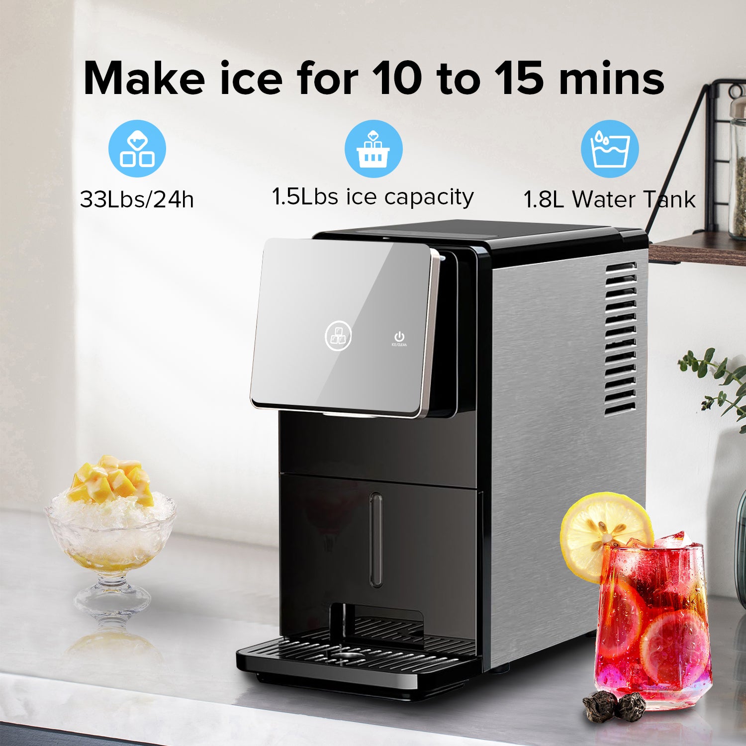 Cowsar Silent Nugget Ice Maker – 33 lbs/24H, Self-Cleaning, 1.8L Tank