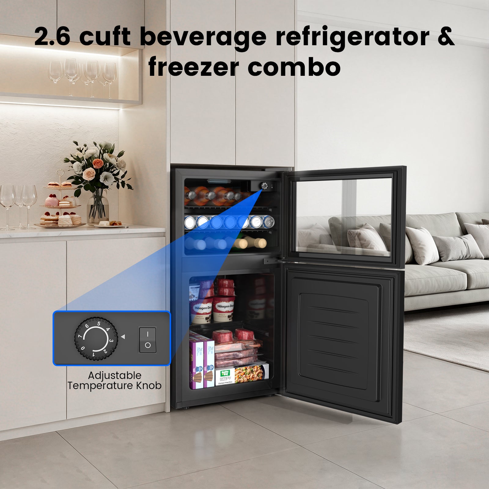 Cowsar 2.6 Cu.Ft Mini Fridge with Freezer, 2 Door Compact Refrigerator Cooler Reversible Door
