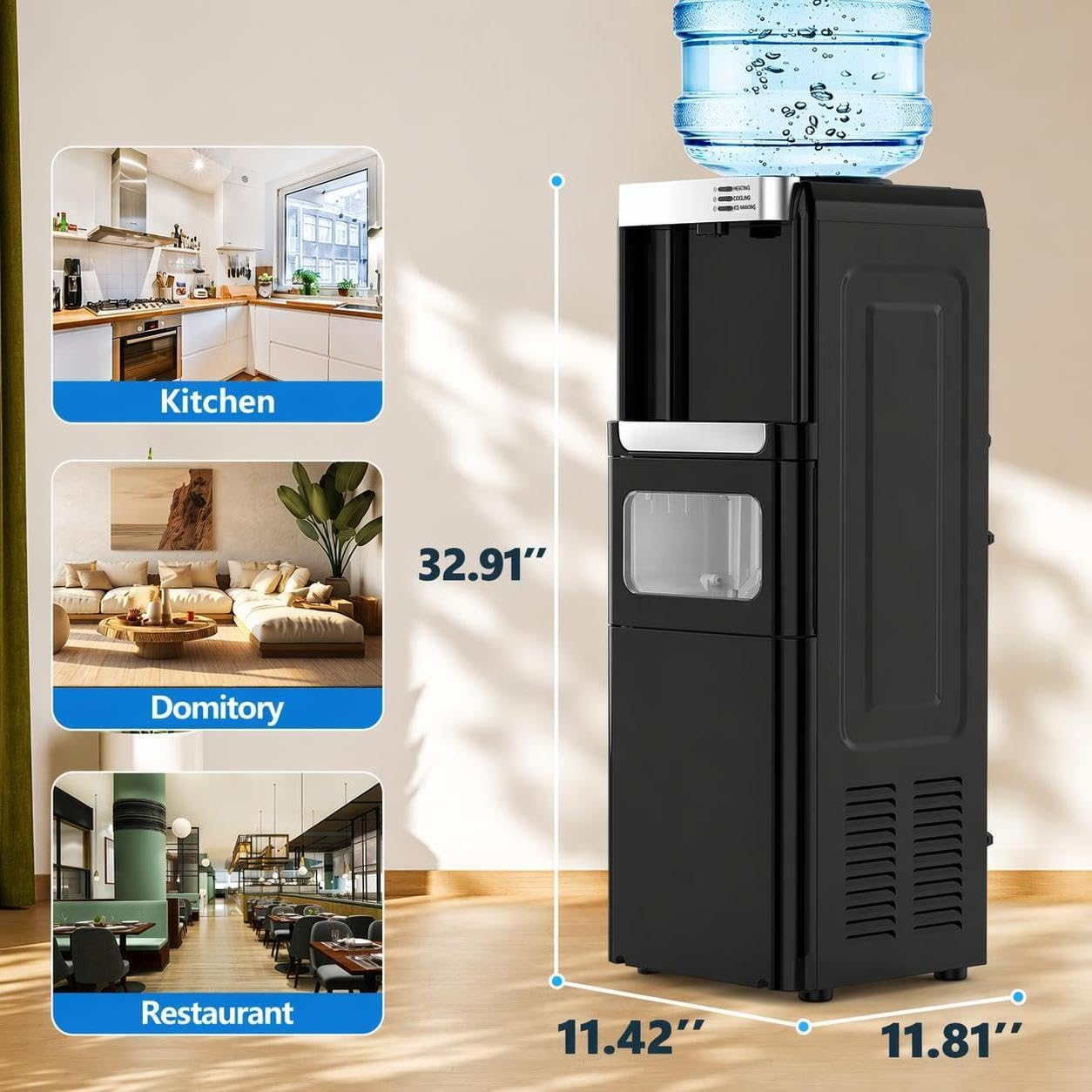 COWSAR 3-in-1 Water Cooler &  Ice Maker – Hot & Cold Water Dispenser, 33 Lbs/Day Ice Maker