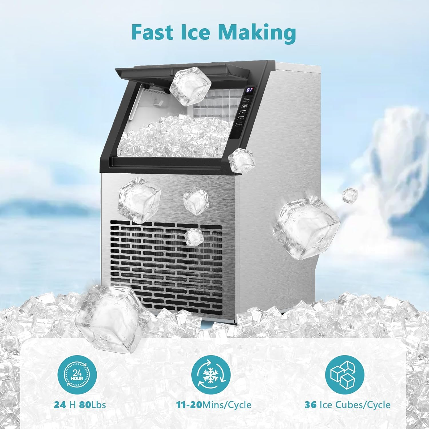 COWSAR 80Lbs/Day Commercial Ice Maker – Self-Cleaning, 24Lbs Storage, Freestanding