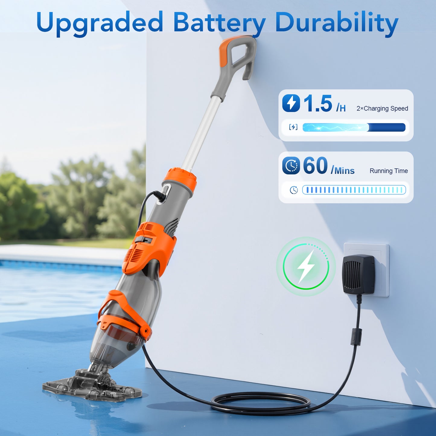 COWSAR Pool Vacuum for Above Ground Pool, New VortexForce™ Technology - 19.5 GPM/50kPa Dual-Mode Powerful Suction, 13.4" Wider Head & 70.9" Telescopic Pole, 1H Runtime,for Above/Inground Pools, Blue