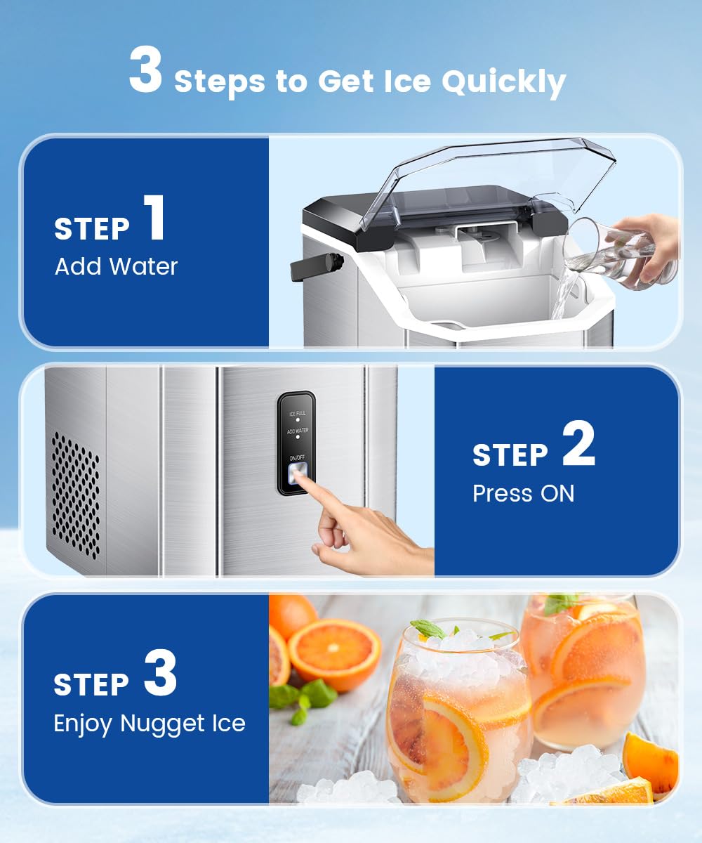 Nugget Ice Maker Countertop, Portable Ice Makers with Soft Chewable Ice, 34lbs/24H