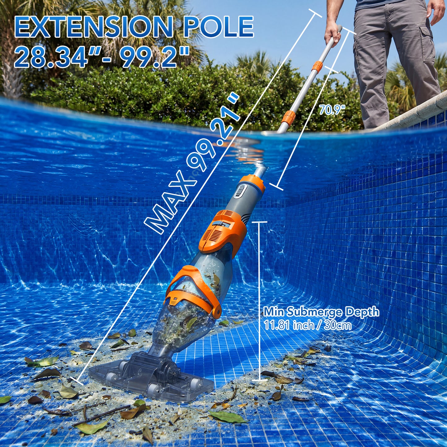 COWSAR Pool Vacuum for Above Ground Pool, New VortexForce™ Technology - 19.5 GPM/50kPa Dual-Mode Powerful Suction, 13.4" Wider Head & 70.9" Telescopic Pole, 1H Runtime,for Above/Inground Pools, Blue