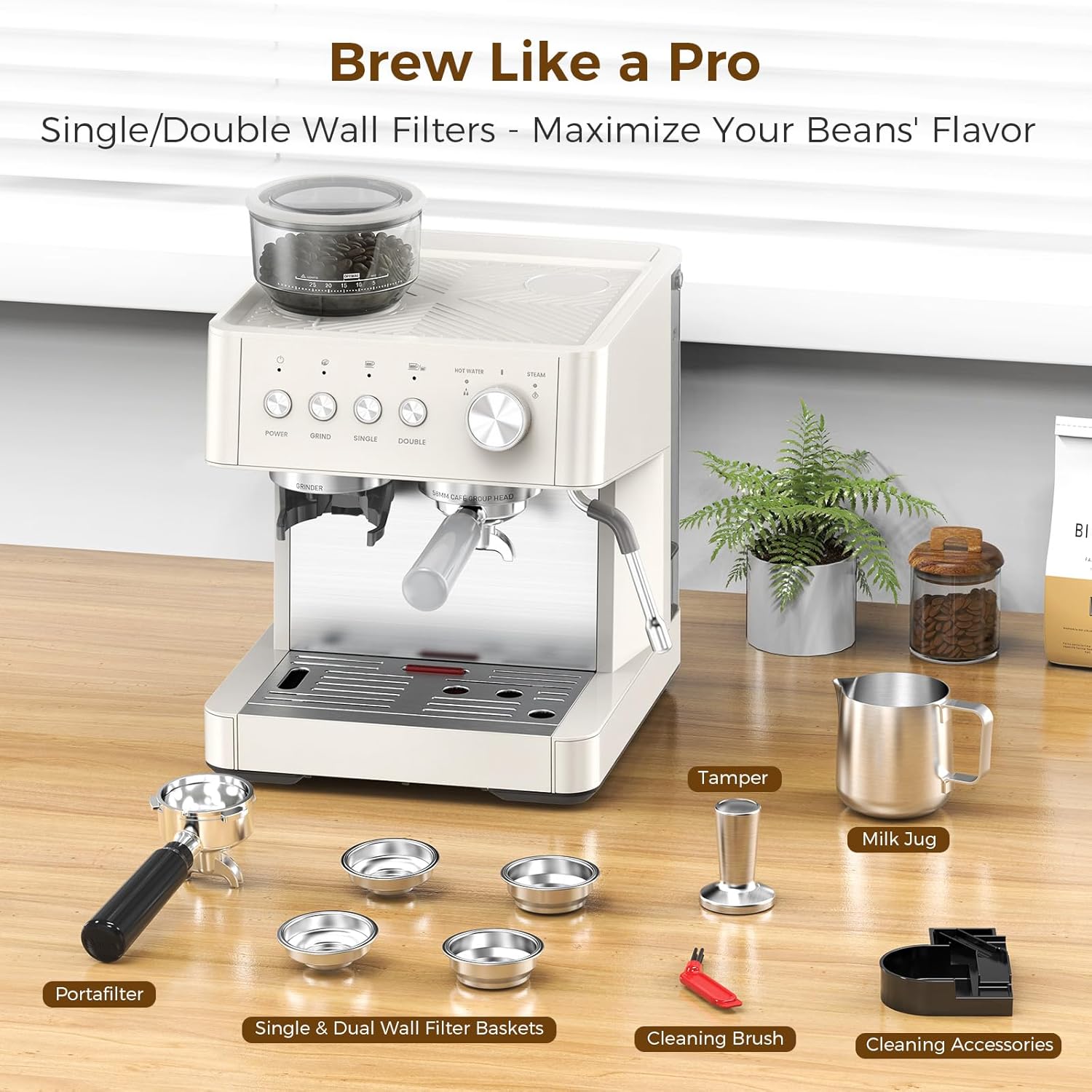 Cowsar 15-Bar Commercial Espresso Machine with Grinder
