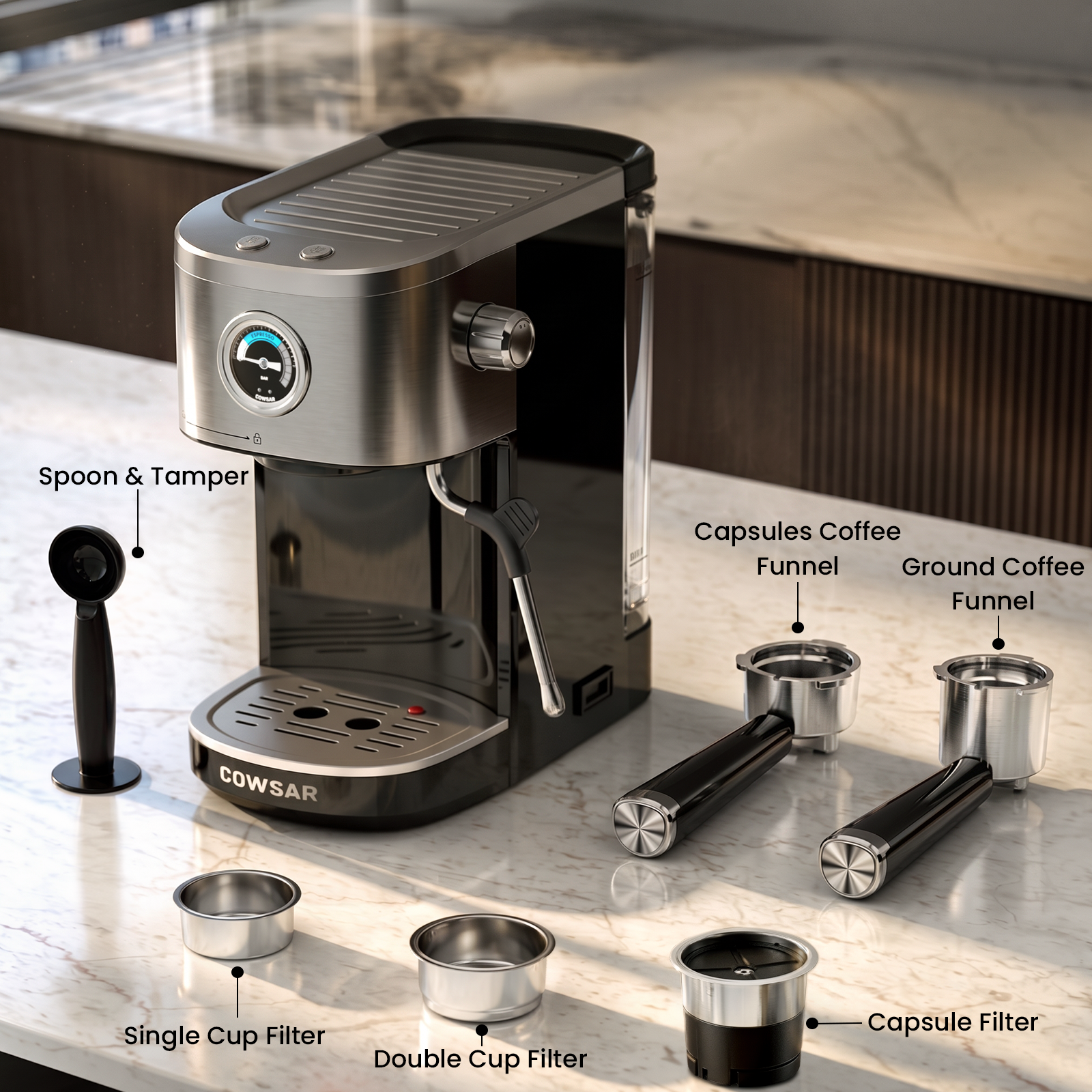 COWSAR 20 Bar Espresso Machine with Fast Heating System, Brew Ready in 5s, 3s Instant Steam