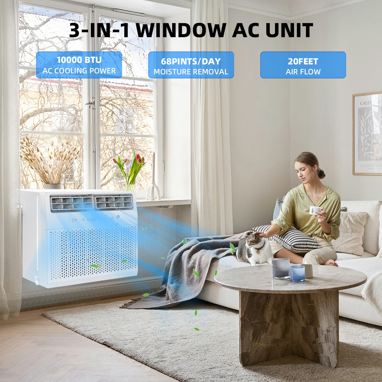 Cowsar Quiet Window Air Conditioner 10,000/1,2000 BTU, Window AC Unit Cooling Room 450-550sq.ft
