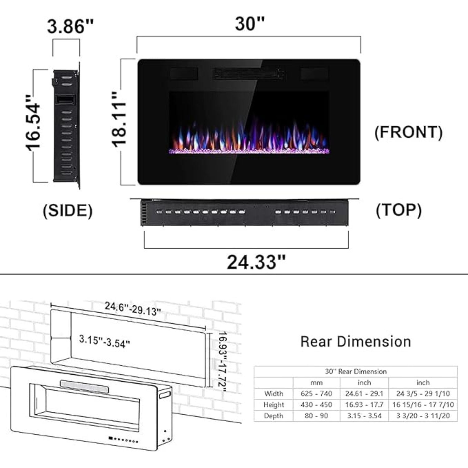 Linear Electric Fireplace Insert - Wall Mounted or Recessed