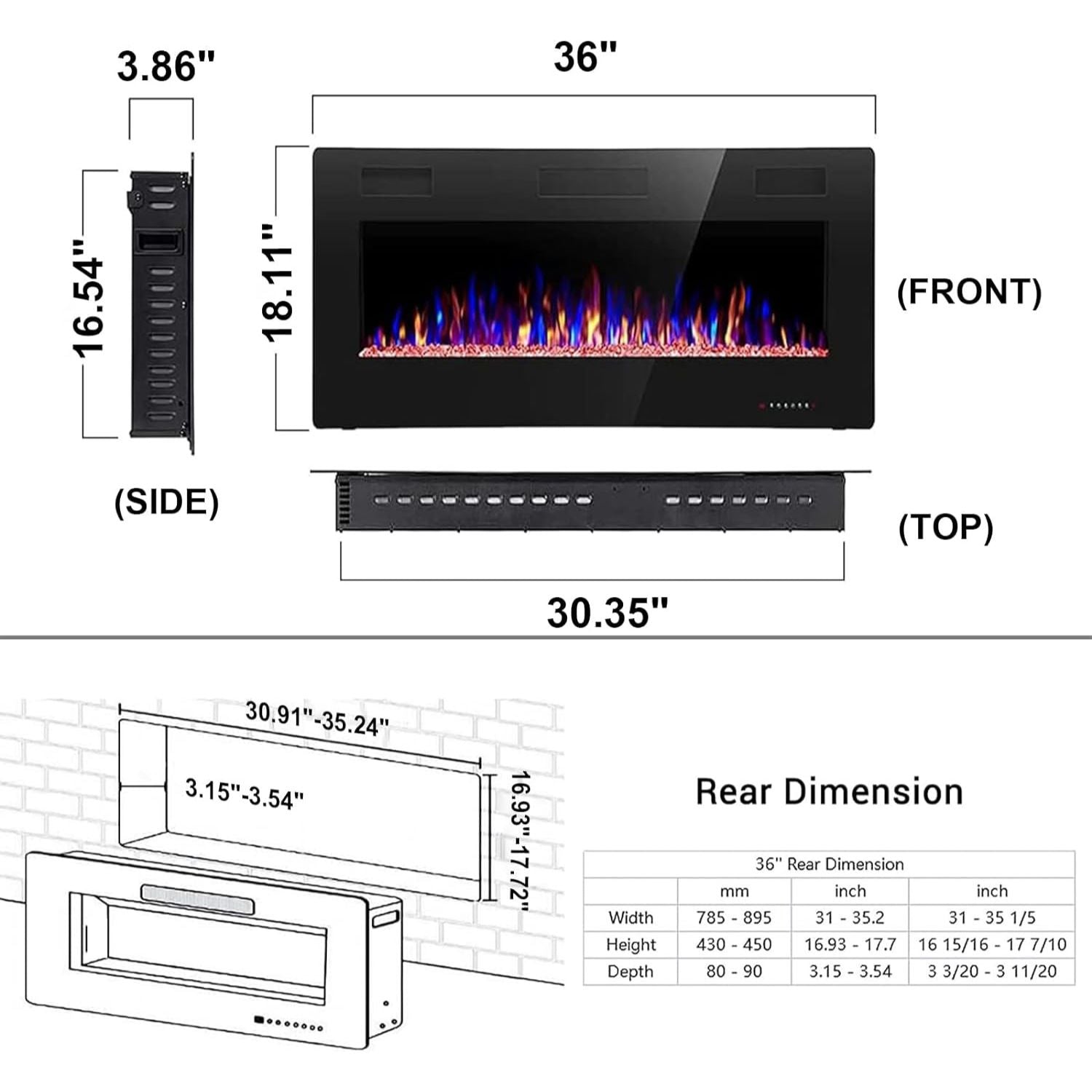 Linear Electric Fireplace Insert - Wall Mounted or Recessed