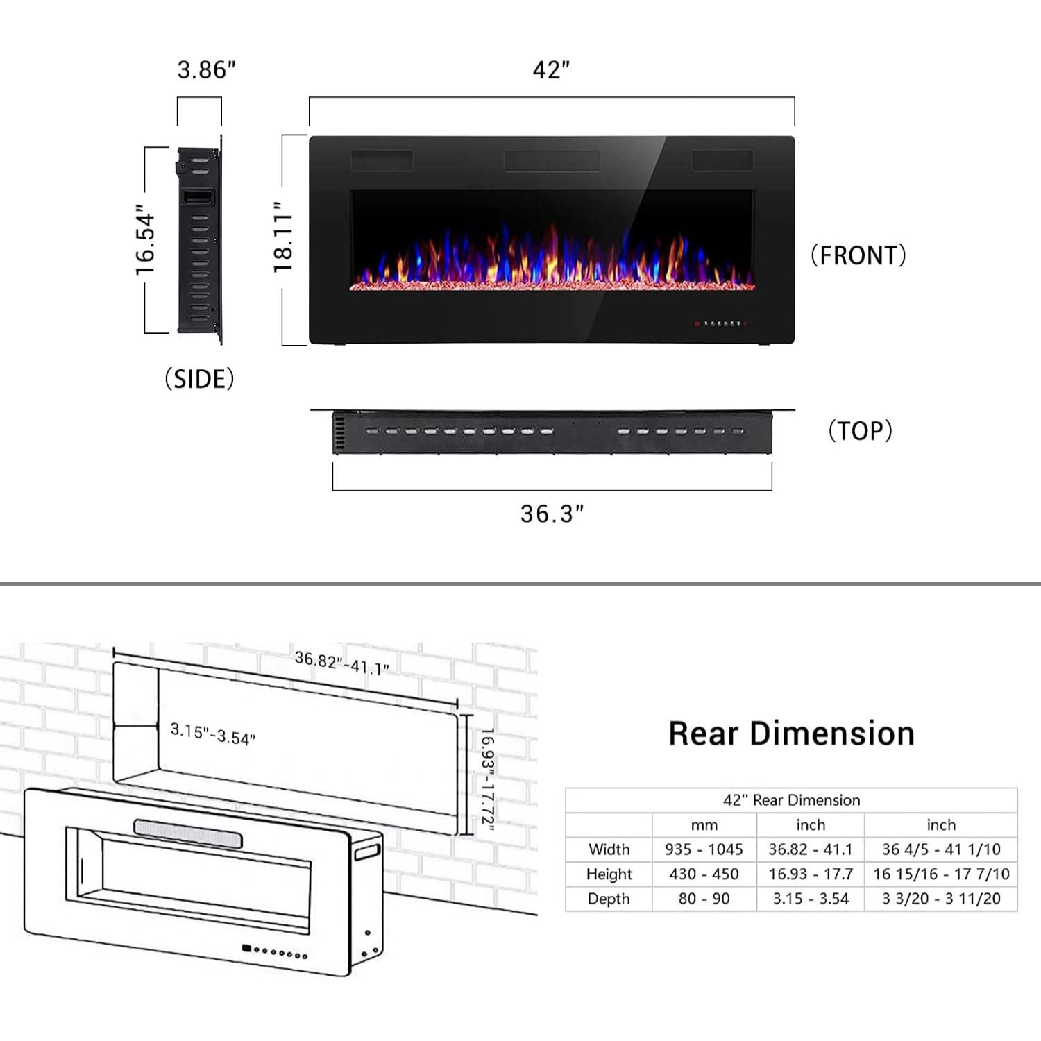 Linear Electric Fireplace Insert - Wall Mounted or Recessed