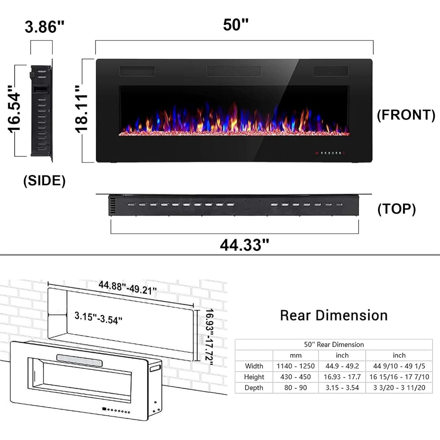 Linear Electric Fireplace Insert - Wall Mounted or Recessed