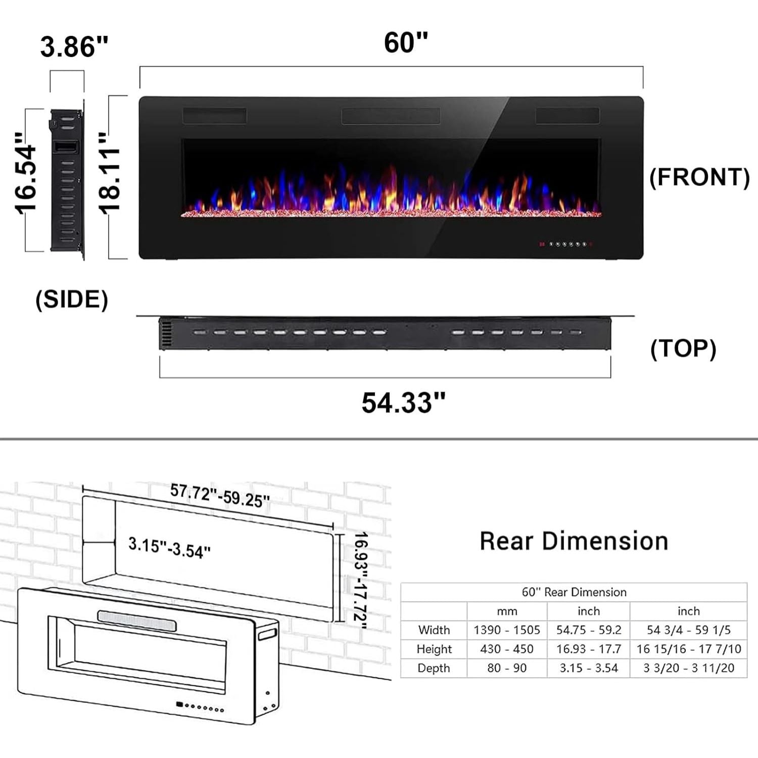 Linear Electric Fireplace Insert - Wall Mounted or Recessed