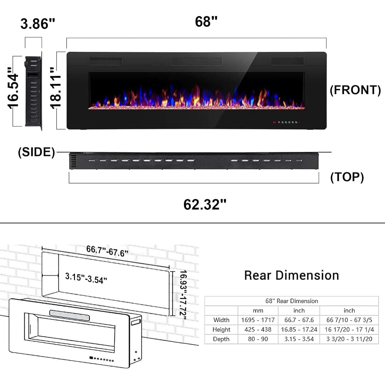 Linear Electric Fireplace Insert - Wall Mounted or Recessed