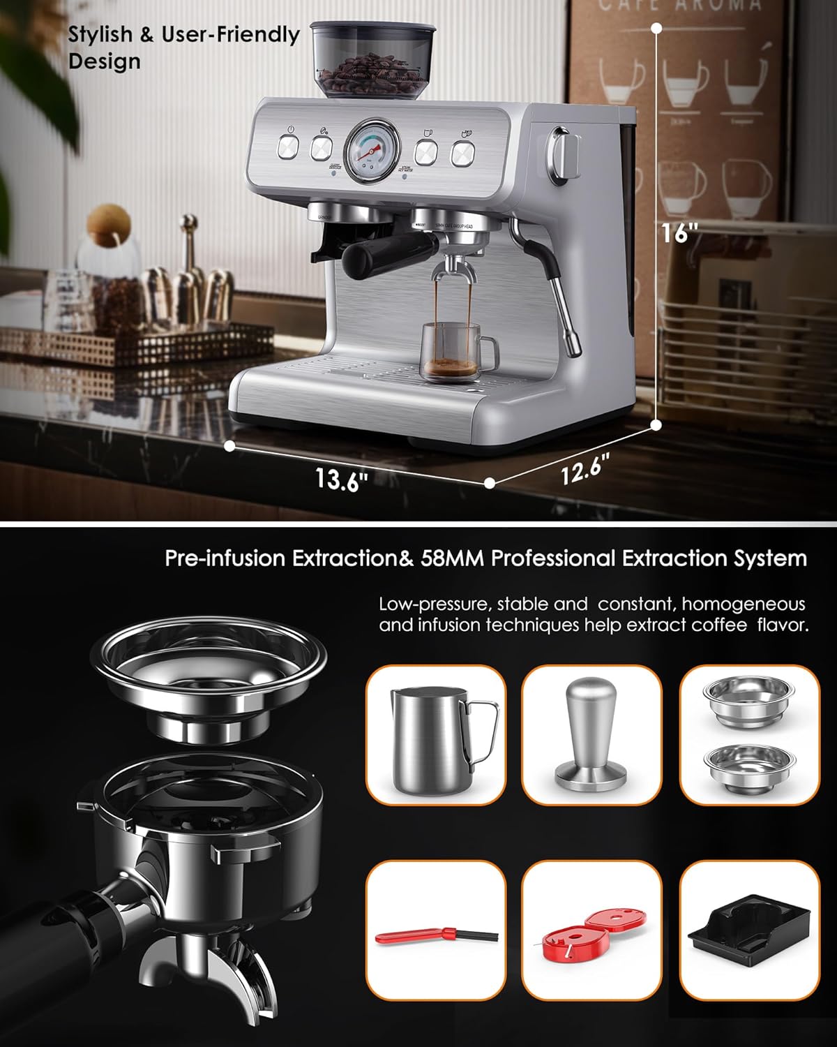 Cowsar 15 Bar Espresso Machine with Grinder