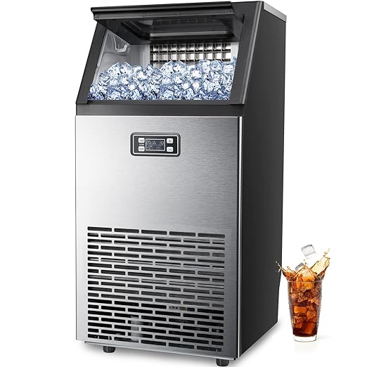 Cowsar Commercial Ice Maker, Freestanding Square Ice Cube Maker 100lbs/24h, 33lbs Storage Bin,Self-cleaning Cowsar