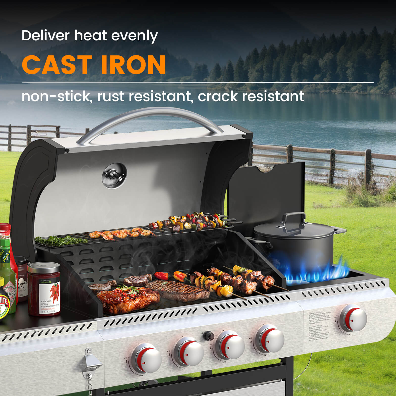 3+1/4+1 Burner Freestanding Propane Gas Grill With Side Burner And Cabinet