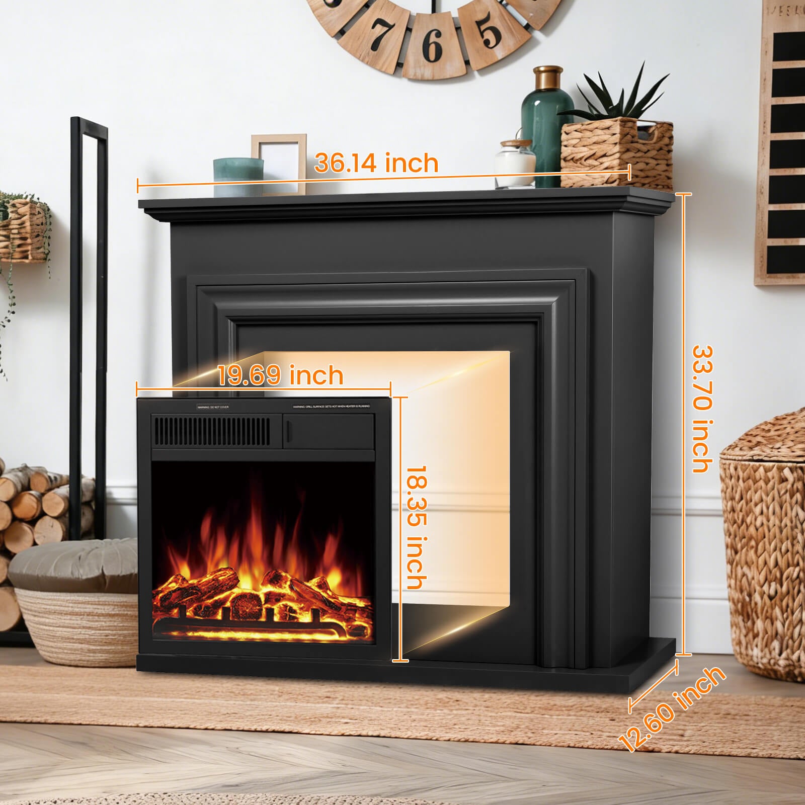 Cowsar 36" Electric Fireplace with Mantel Package 750W/1500W