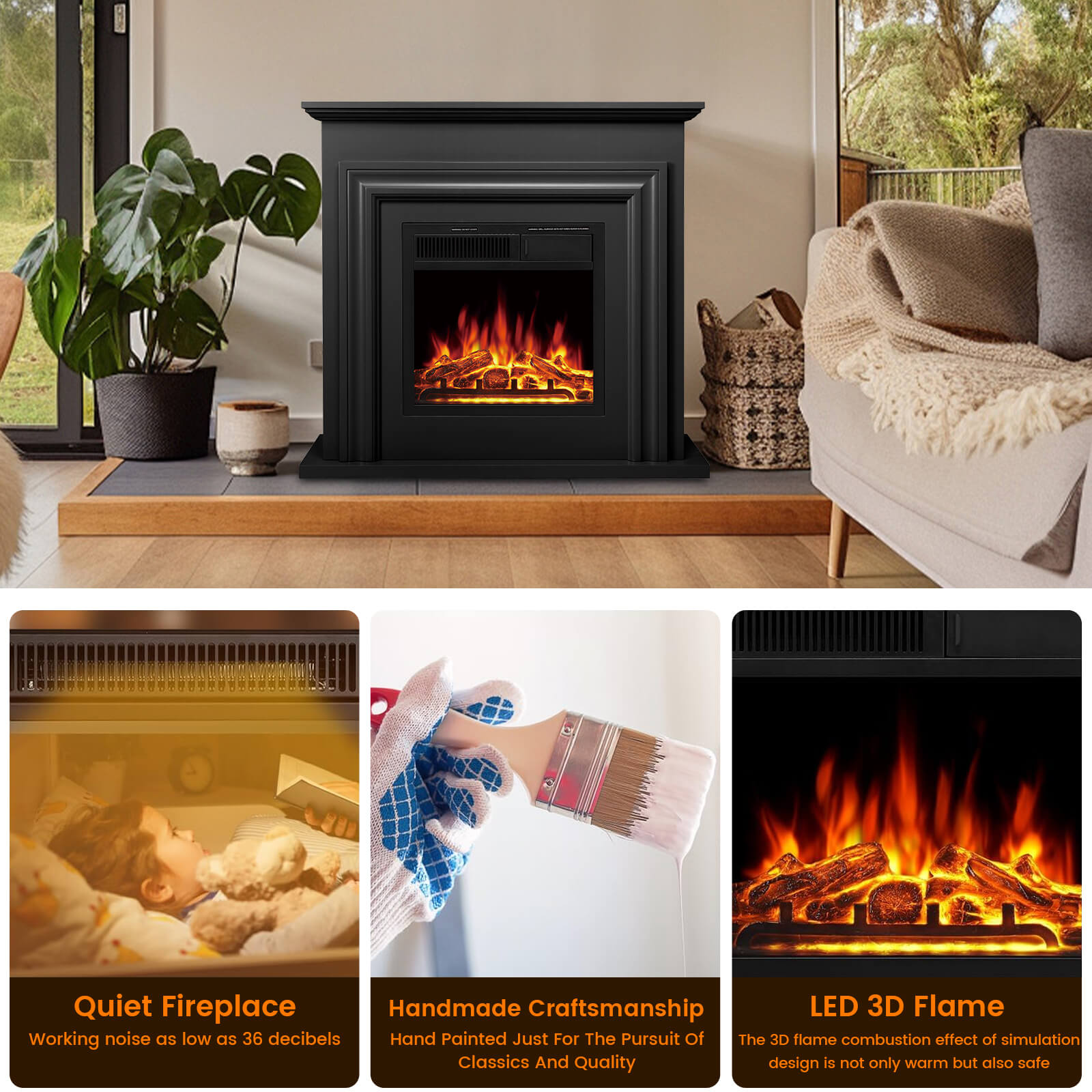 Cowsar 36" Electric Fireplace with Mantel Package 750W/1500W