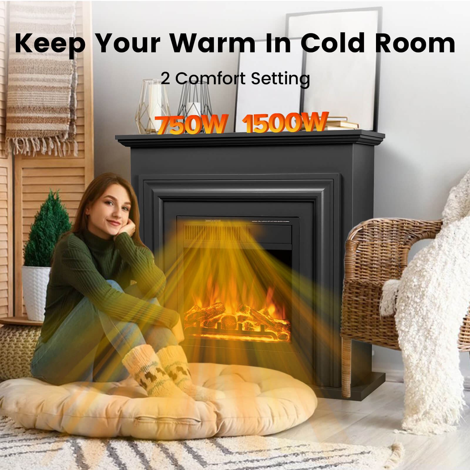 Cowsar 36" Electric Fireplace with Mantel Package 750W/1500W