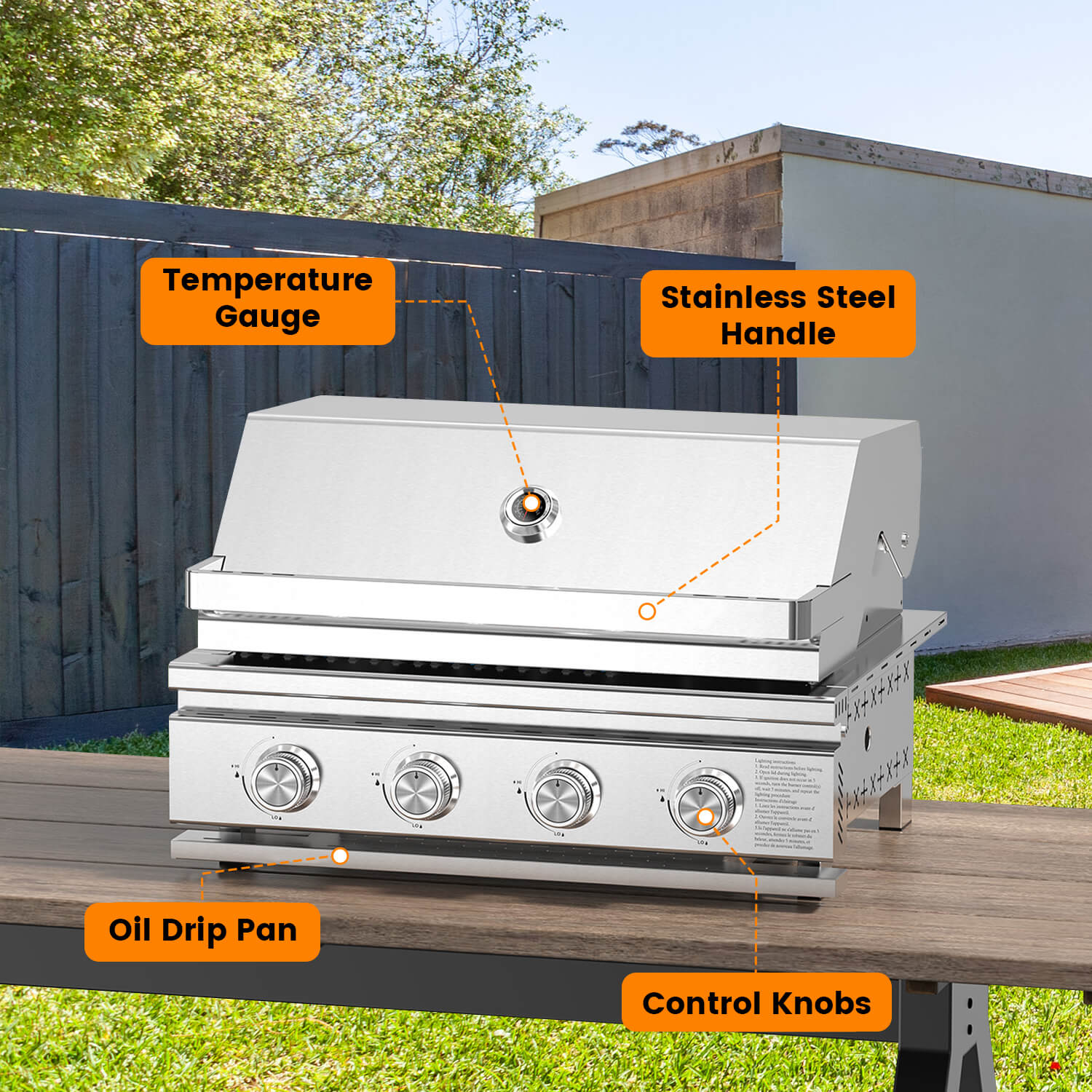 Cowsar 28" Built-In Propane Gas Grill, 4-Burner, 32,000 BTU, 516 sq.in, Heavy-Duty 304 Stainless Steel