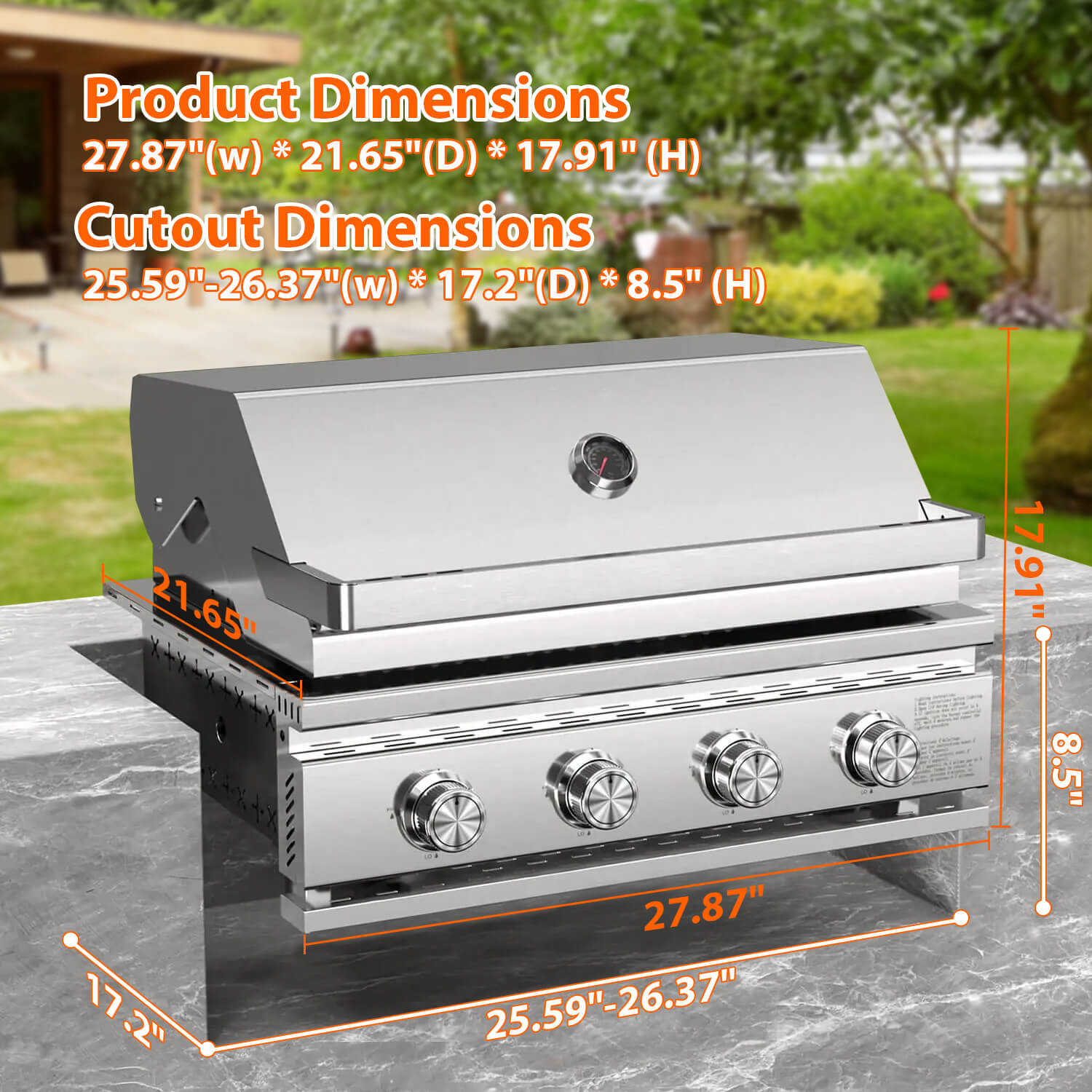 Cowsar 28" Built-In Propane Gas Grill, 4-Burner, 32,000 BTU, 516 sq.in, Heavy-Duty 304 Stainless Steel