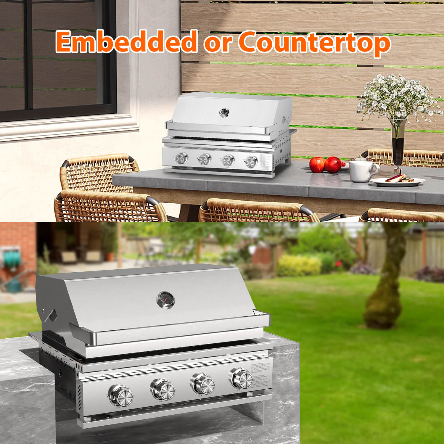 Cowsar 28" Built-In Propane Gas Grill, 4-Burner, 32,000 BTU, 516 sq.in, Heavy-Duty 304 Stainless Steel