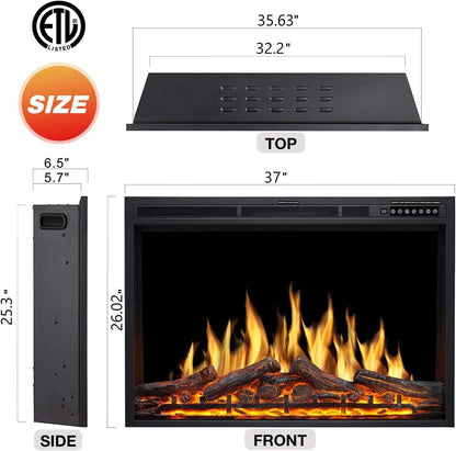 Electric Fireplace Insert 37Inch with Adjuatble Flame Colors, Log Colors, Flame Speed and Brightness, Remote Control, 750W/1500W Cowsar