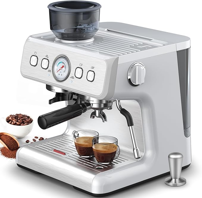 Espresso Machine,15 Bar Professional Espresso Maker with Coffee Bean Grinder Milk Frother,Coffee Machine for Espresso/Cappuccino/Latte,Single & Double Cup,Stainless Steel Cowsar