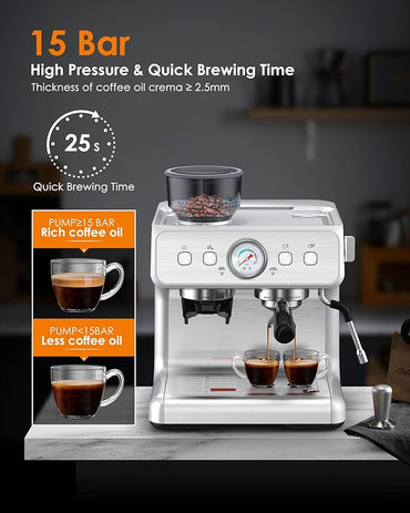 Espresso Machine,15 Bar Professional Espresso Maker with Coffee Bean Grinder Milk Frother,Coffee Machine for Espresso/Cappuccino/Latte,Single & Double Cup,Stainless Steel Cowsar