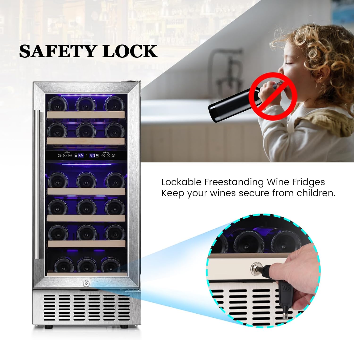 COWSAR 15 Inch 28 Bottle Dual Zone Wine Cooler Refrigerator with Safety Lock