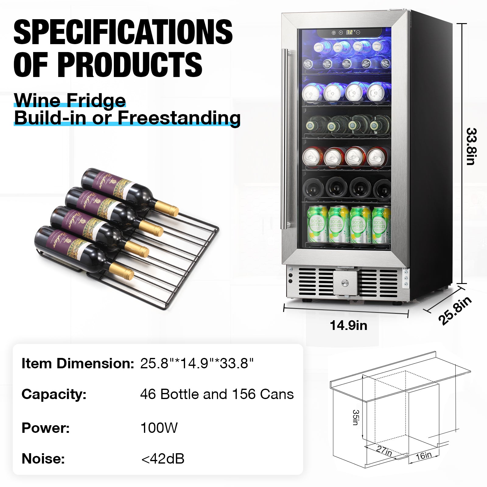Cowsar 15inch  Wine Fridge Beverage Refrigerator 2.9 Cu.Ft. Freestanding or Under Counter Cooler Stainless Steel Beer Fridge Mini ETL Approved