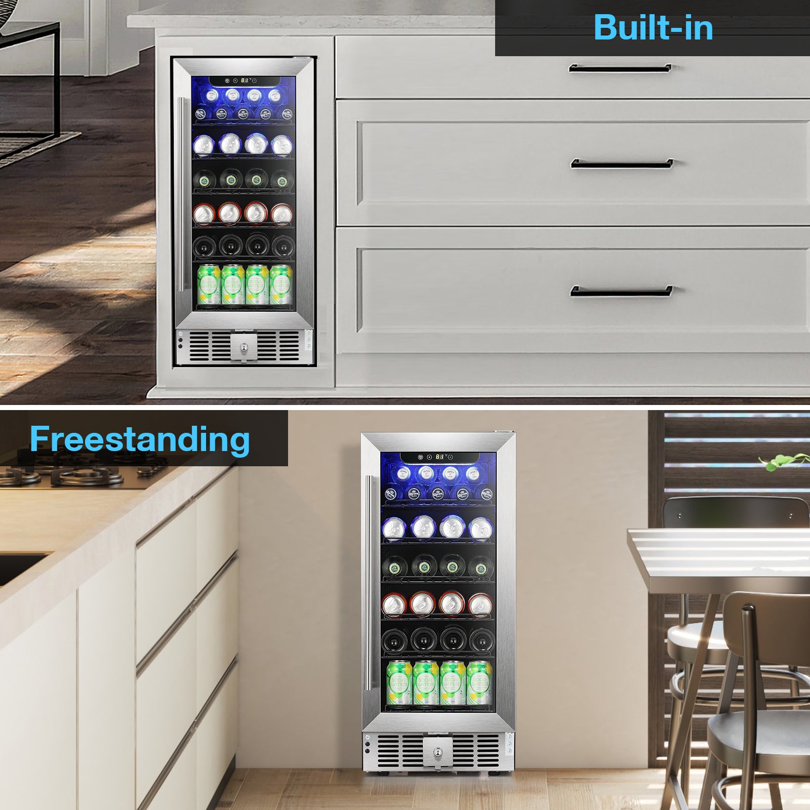 Cowsar 15inch  Wine Fridge Beverage Refrigerator 2.9 Cu.Ft. Freestanding or Under Counter Cooler Stainless Steel Beer Fridge Mini ETL Approved