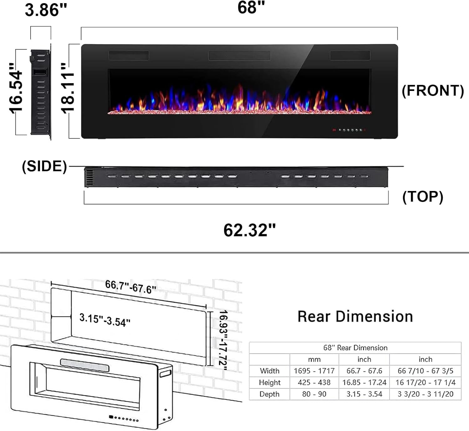 Electric Fireplace Insert 30/36/42/50/60/68 Inch 750W/1500W