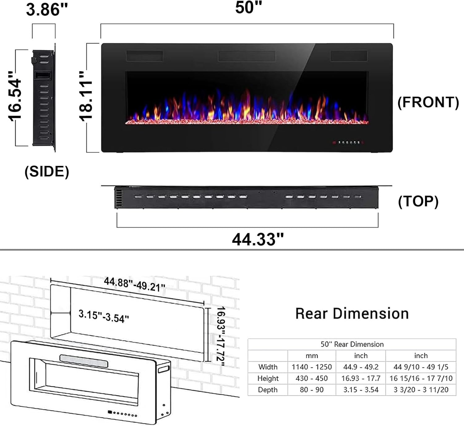 Electric Fireplace Insert 30/36/42/50/60/68 Inch 750W/1500W