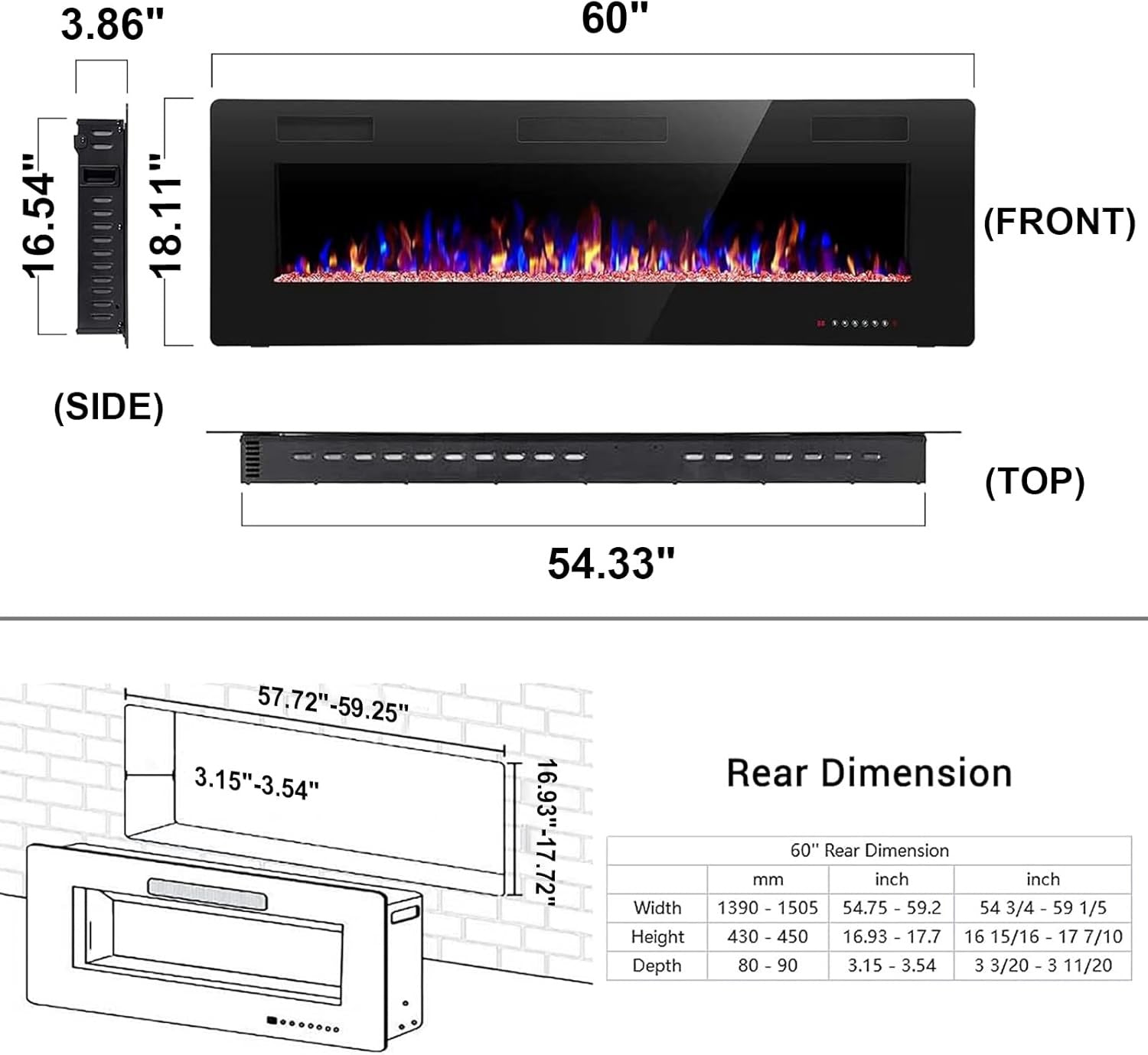 Electric Fireplace Insert 30/36/42/50/60/68 Inch 750W/1500W