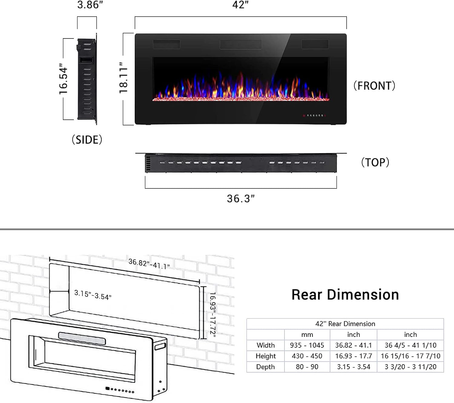Electric Fireplace Insert 30/36/42/50/60/68 Inch 750W/1500W