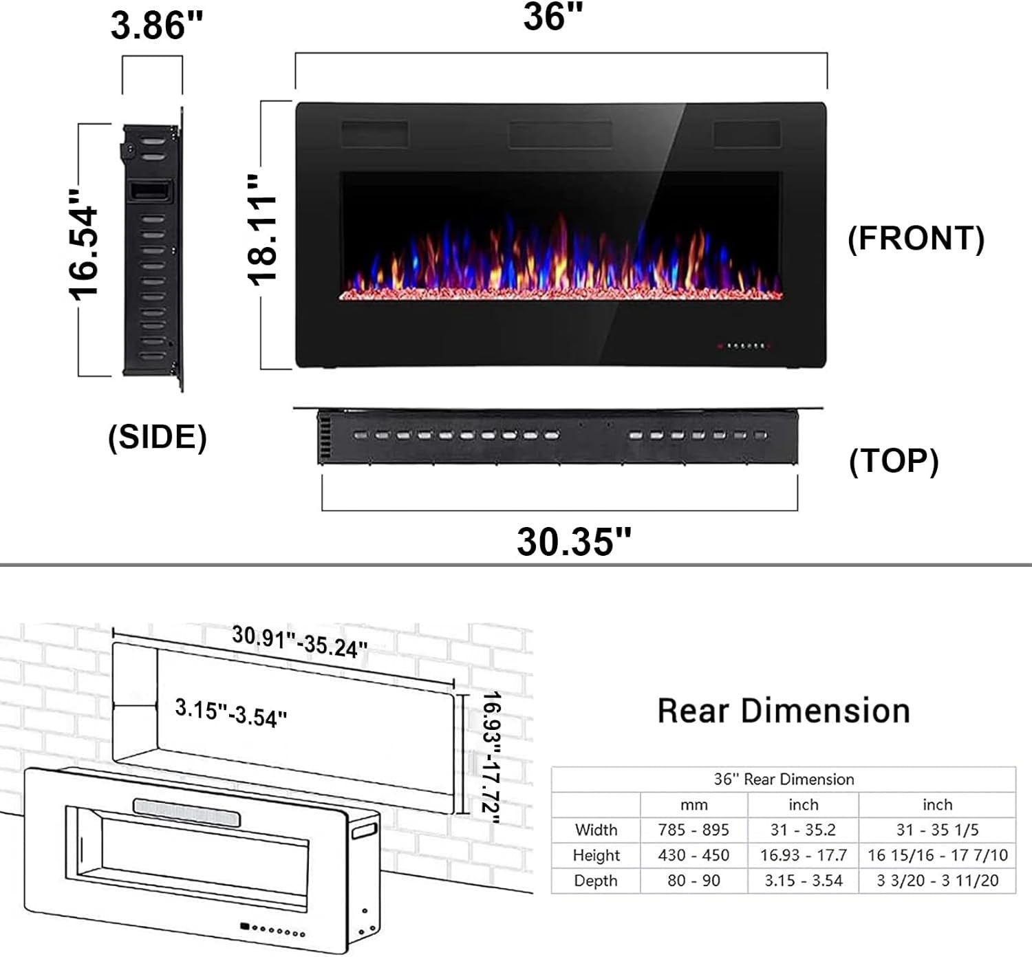 Electric Fireplace Insert 30/36/42/50/60/68 Inch 750W/1500W