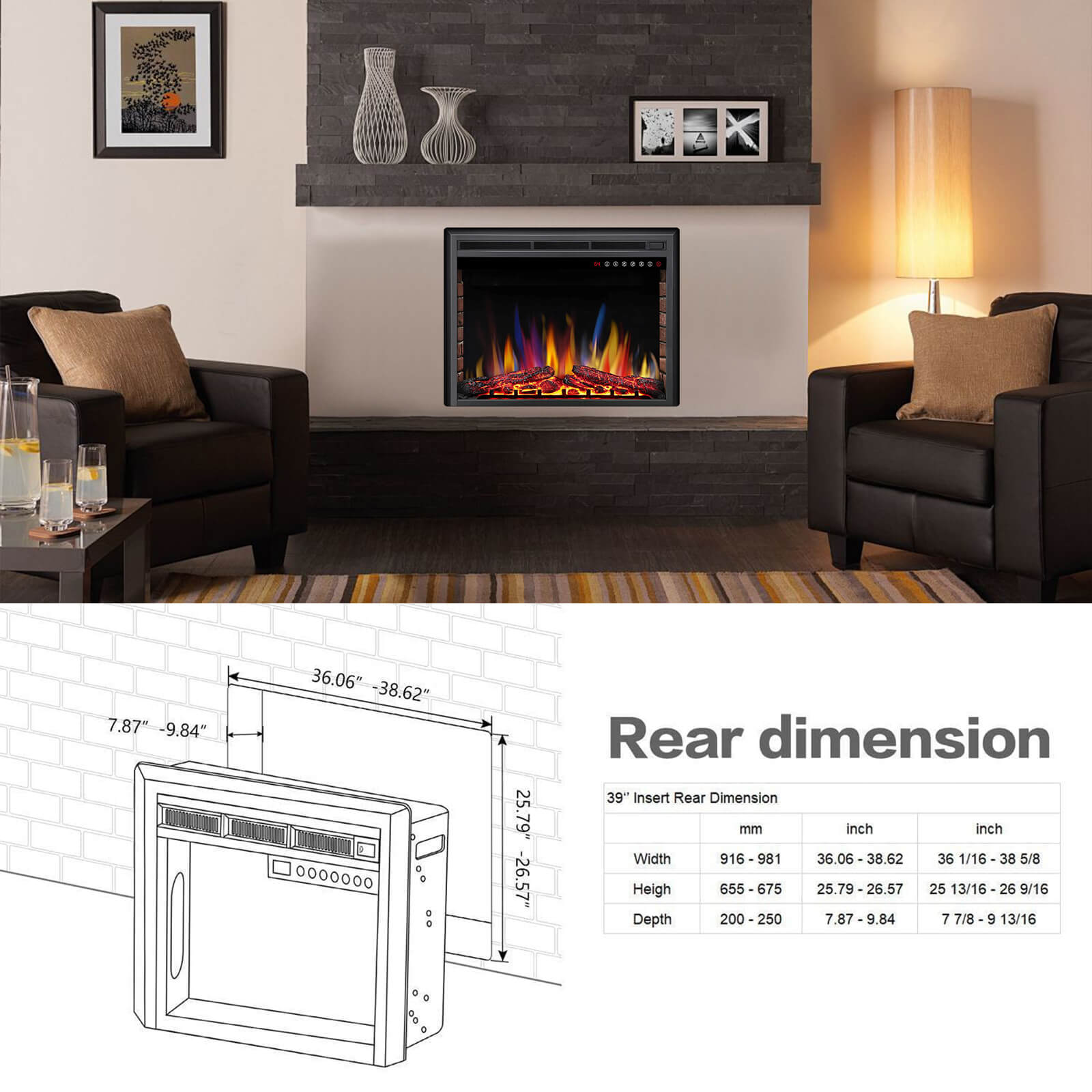 Cowsar 36/39 Inch Electric Fireplace Insert 750W/1500W