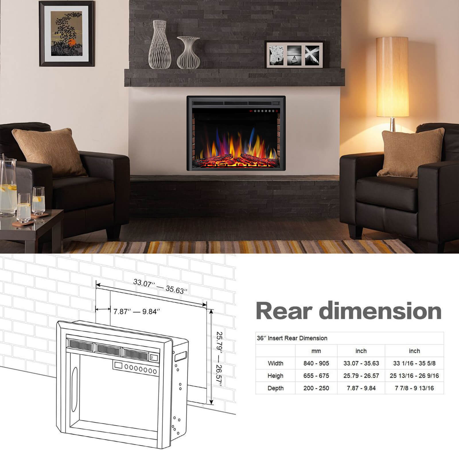 Cowsar 36/39 Inch Electric Fireplace Insert 750W/1500W