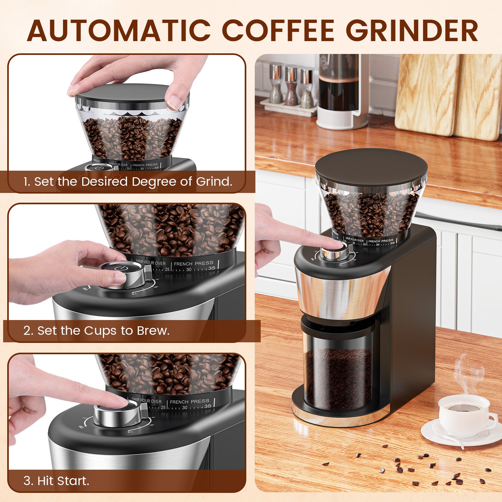 Automatic Coffee Grinder One-Touch,2-12 Cup Dose Selection
